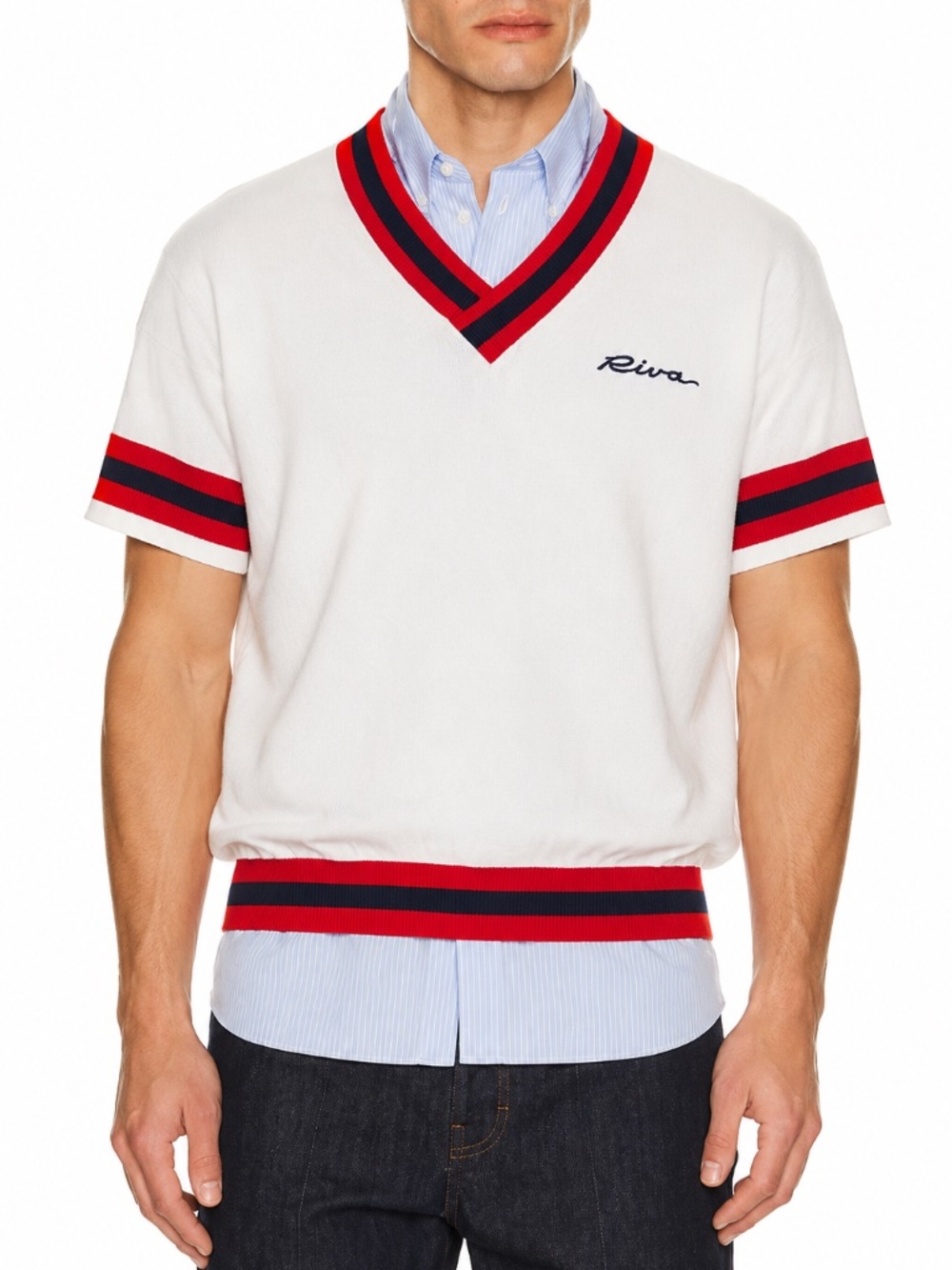 Vintage Riva Knit Cricket Sweater Vest White Red Navy V-Neck Short Sleeve